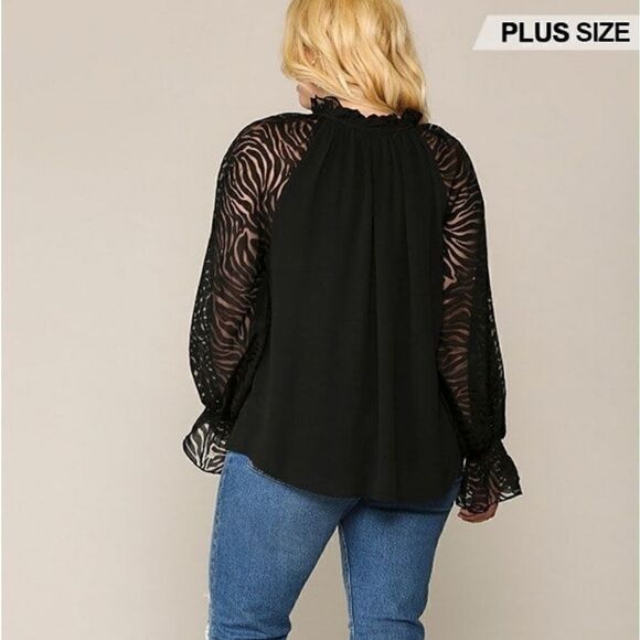 Plus size zebra burnout‎ sleeve ruffled neck bubble crepe blouse - Picture 5 of 5